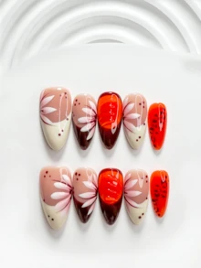 10片裝休閒風手工穿戴甲，Polygel美甲套組，手繪花卉裝飾，黃色、橘紅色與粉色指甲油，獨特風格，附美甲工具，3種尺寸可選，方形、短方形、杏仁形，適合派對、跳舞、日常配戴 - 彩色 - 查看 15