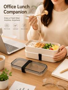 Double-Layer Wheat Straw Divided Bento Box With Elastic Band, Transparent Lid, Large Capacity, Microwave , Suitable For Office Commute, Students, Picnic And Spring Outings - Multicolor - View 8