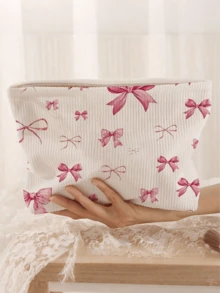[Lightweight Bow Makeup Bag] Fashion Bow Corduroy Makeup Bag - Lightweight, Zippered Makeup Bag Suitable For Travel And Toiletries, Multi-Functional Makeup Storage Bag, Unscented, Neutral Adult, Non-Waterproof Makeup Storage Bag, Makeup Storage Bag, Mini Makeup Bag, Travel Small Makeup Box Accessories, Suitable For Work, School And Shopping, Convenient For Outdoor Use, Gift For Friends And Besties - Multicolor - View 8