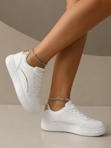 Women's Fashionable Versatile Outdoor White Lightweight Lace-Up Round-Toe Flat-Heel Anti-Slip Comfortable Casual Shoes Sneakers Running Shoes, Sizes 36-43 - 白金 - 查看 6
