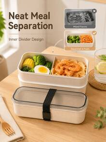 Double-Layer Wheat Straw Divided Bento Box With Elastic Band, Transparent Lid, Large Capacity, Microwave , Suitable For Office Commute, Students, Picnic And Spring Outings - Multicolor - View 6