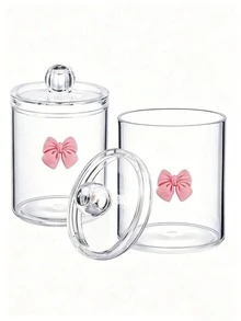 2pcs Pink Bow Print Transparent Plastic Storage Jars With Knob Handle Screw Lid Design, PET Material Transparent Moisture-Proof Dust-Proof Storage Box, Cute Sweet Style Storage Canister, Suitable For Bathroom Cosmetics And Desktop Clutter Storage - View 2