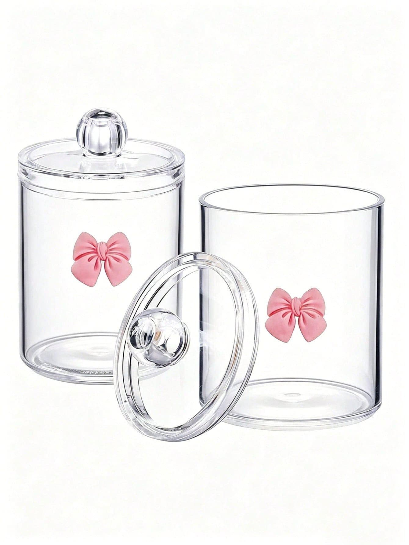 2pcs Pink Bow Print Transparent Plastic Storage Jars With Knob Handle Screw Lid Design, PET Material Transparent Moisture-Proof Dust-Proof Storage Box, Cute Sweet Style Storage Canister, Suitable For Bathroom Cosmetics And Desktop Clutter Storage