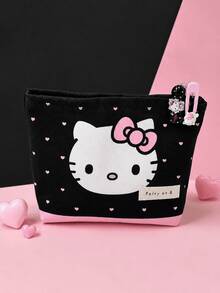 MINISO Sanrio Hello Kitty 黑粉心形印花化妝包，可愛拉鍊式化妝收納袋，旅行盥洗用品與保養品日常必需品收納袋 - 彩色 - 查看 2