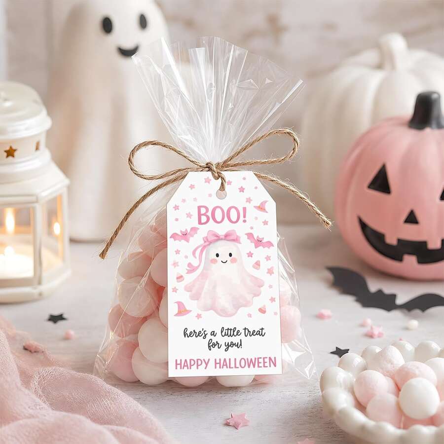 30Pcs Halloween Tags With String, Here's A Little Treat For You Favor Tags With Bow Bat Witch Hat, Cute Happy Halloween Thank You Labels For Boo Bags Hanging Candy Bag Wrap Tag - A - View 1