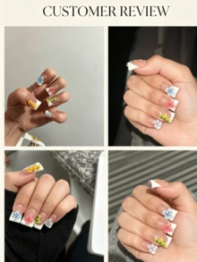 nailrosy 10 piezas Uñas postizas multicolor hechas a mano estilo dopamina - Estilo boca de pato 3D Y2K, uñas postizas reutilizables, uñas francesas coloridas con strass para verano, 4 de julio, boda, graduación y baile de graduación - Multicolor - Ver 2
