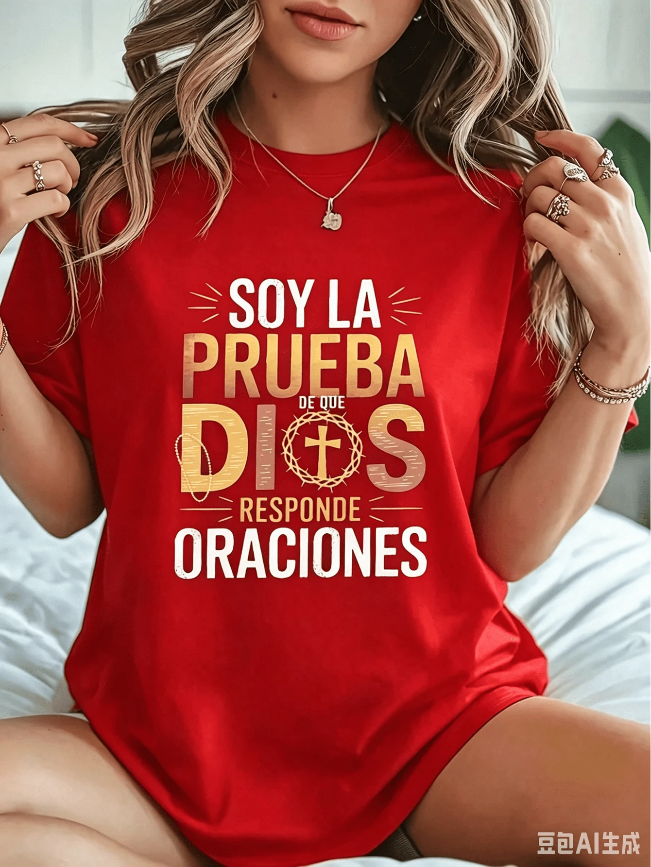 Pure Cotton T-Shirt With A Simple And Versatile Christian Faith Design - Religious Motto In Spanish "God Hears Your Prayer" - Design With Black And Gold Lettering - Suitable For Everyday Wear - Blue - View 1