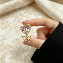 1pc/2pcs Heart Tulip Crystal Brooch, Electroplated Rhinestone Hollow Lapel Pins, Elegant Flower Shape Badges For Women Suit Scarf Backpack Jewelry Gift - Multicolor - View 3