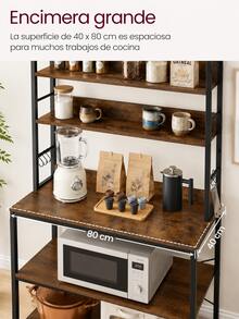  Estantería de Cocina de 6 Niveles, Estantería para Microondas con 6 Ganchos, Organizador de Panadería con Marco de Acero Industrial, 80 x 40 x 173 cm, Marrón Rústico - Marrón - Ver 4