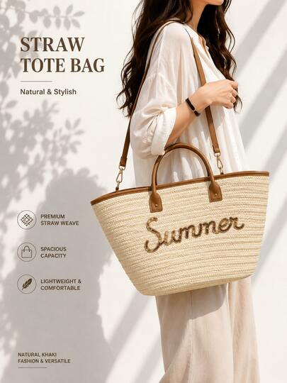 Summer Straw Tote Bag Large Capacity Woven Shoulder Crossbody Beach Handbag