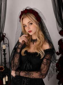 Gothic Burgundy Rose Spider Web Veil Headband, Halloween Ghost Bride Dark Headpiece, Party Cosplay Hair Accessory - Multicolor - View 2
