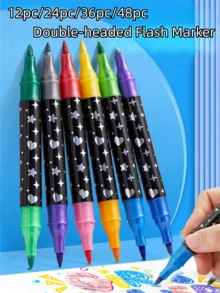 48pcs/36pcs/24pcs/12pcs Dual Tip Metal Pen Fine Point Brush Set, Suitable For Adult Coloring Painting Supplies, Metallic Glitter Pen, Dual Tip Marker Set, Suitable For Journaling, Art Crafts - Double-ended Flashing Marker - View 1