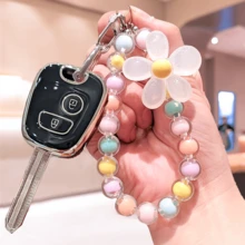 Car Key Case With Keychain For Peugeot 206 207 307 And C2, Car Key Cover Key Box With Flower Bead Keychain Key Holder, Smart Detachable Key Gift - A - View 7