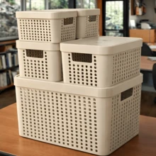 RVS E-COMMERCE Set Of 5 Organizer Boxes With Lid Large Basket In Resistant Plastic 2 L 4.5 L 17 L - Beis - Ver 1