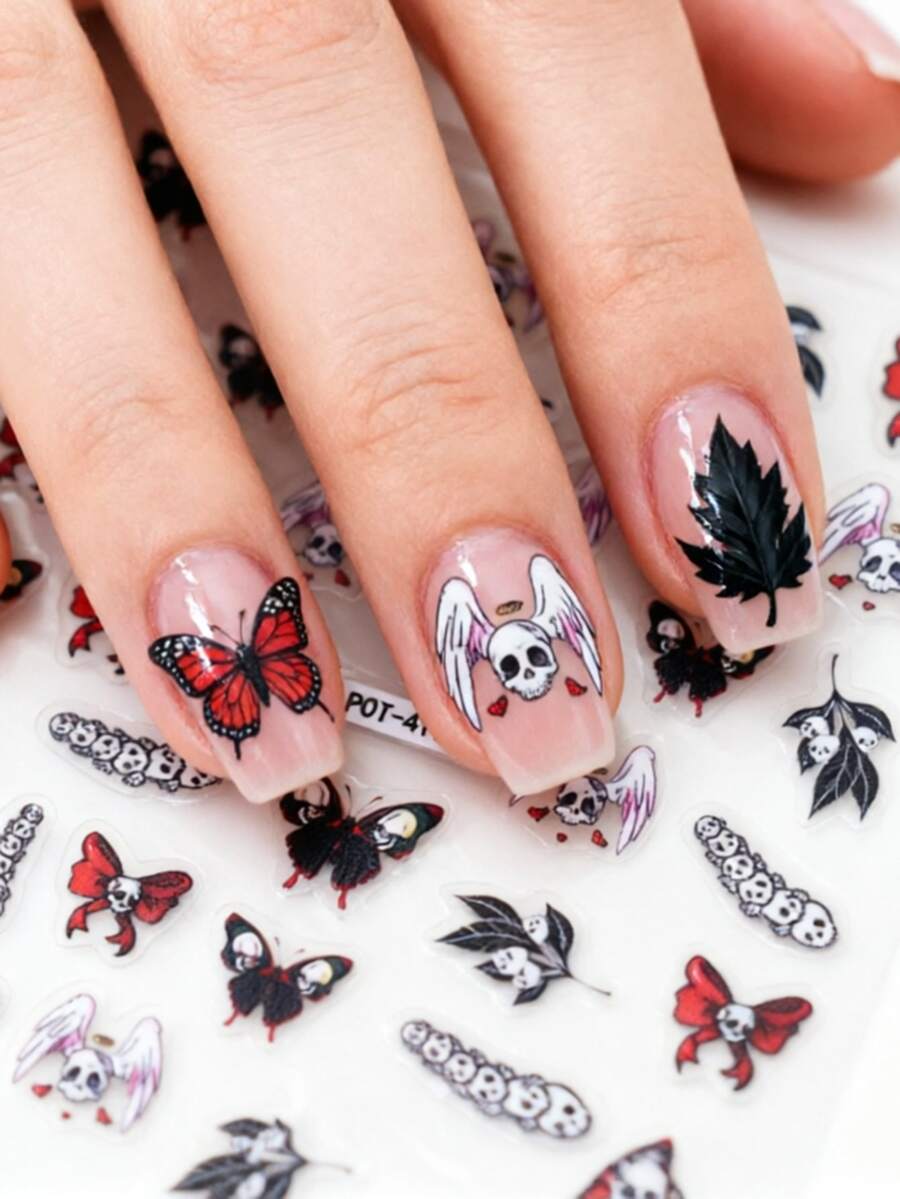 1 Stück geprägte dünne dunkelrote Totenkopf-Schleife Nagelaufkleber, Halloween-Thema, glänzende Oberfläche, asymmetrische Form, geeignet für Frauen, Einweg-DIY-Nagelsalon-Zubehör - Verschiedenfarbig - Übersicht 1