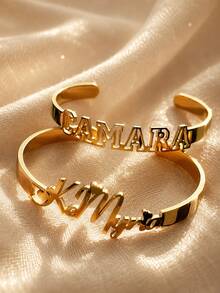 Personalized Gold Stainless Steel Open Cuff Bracelet With Custom Name Engraving - Elegant Bohemian Style, Women's Wide Cuff Bracelet, High-Quality Women's Cuff Bracelet, Party Accessory, Engraved Jewelry, Handmade Bracelet, Gift For Her, Anniversary Gift - Multicolor - View 4