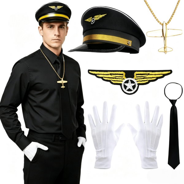 節日派對通用飛行員服裝配件套裝 - 航空飛行員機長服裝套裝，包含帽子、領帶、手套、徽章、項鍊，中性裝扮，適用於舞會、音樂節