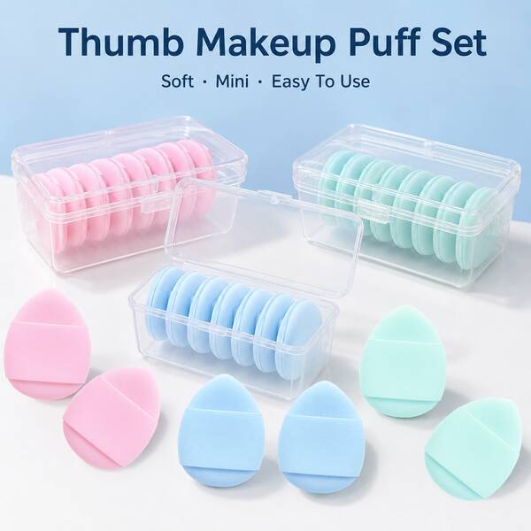 MONKIDS 6pcs Mini Finger Puff Set With Box, Cotton Candy Concealer Cushion Puff, Dry & Wet Use Makeup Sponge, Thick & Soft, For Under Eye, Nose Wing, Face Makeup, Creates Lightweight & Breathable Natural Look, Expands With Water, Suitable For All Skin Types