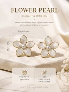 1 Pair Bohemian French Style Gentle Commute Luxury 316 Stainless Steel Gold-Plated Women's Earrings 2.5cm*2.5cm Pearlescent White Textured Five-Petal Flower Center Faux Pearl Stud Earrings For Women Workplace Spring Date Party Versatile Birthday Gift Back To School Season - Multicolor - View 3