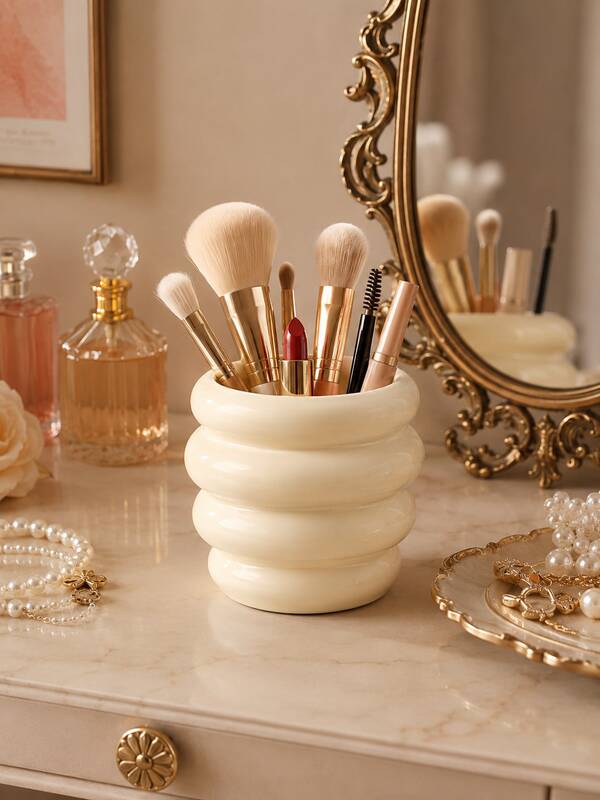 Ins Hot-Selling Cream Wavy Swirl Resin Cosmetic Organizer, Pink & Beige Dual-Use Makeup Brush Eyebrow Pencil Lip Liner Holder, Cute Bedroom Bathroom Vanity Decor Gift