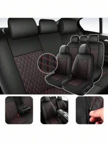 4/9件組 PU皮革汽車座椅套，防水透氣座椅保護套，通用於轎車 SUV 卡車，雙線縫製前後座套含腰部支撐，全套含頭枕套，汽車內裝飾 - 側邊雙線皮革座椅套 - 查看 2