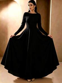 Solid Color Zipper Long Sleeve Minimalist Design Long Dress For Wedding Black - Black - View 1