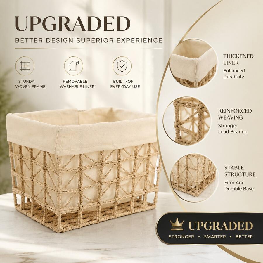 1pc Handmade Woven Rope Basket With Beige Fabric Lining, Rectangular Storage Box For Cosmetics, Snacks, Keys, Remote Control, Desktop Organizer, Bedroom Home Decor Minimalist Storage Box - Multicolor - View 1