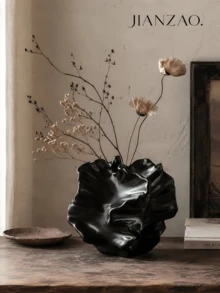 Wabi-Sabi Style Vintage Ins Lotus Leaf Textured Resin Vase, Glossy Black Pink Spotted Cream White, Retro Country Style Living Room Bedroom Homestay Desktop Decor Ornament, Zen Aesthetic Vase Gift - Wabi-sabi Art Vase - View 11