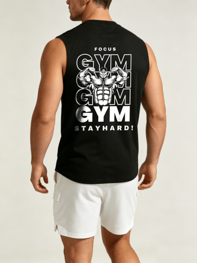 1pc Double-Sided Printed Polyester Round Neck Muscle Tank Top, Breathable Loose Fit Sleeveless Workout Top, Men's Daily Training Sports Wear, Fashion Basic Sports Tank Top, Suitable For Fitness Enthusiasts