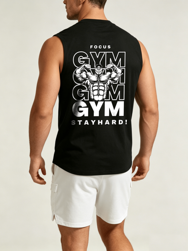1pc Double-Sided Printed Polyester Round Neck Muscle Tank Top, Breathable Loose Fit Sleeveless Workout Top, Men's Daily Training Sports Wear, Fashion Basic Sports Tank Top, Suitable For Fitness Enthusiasts