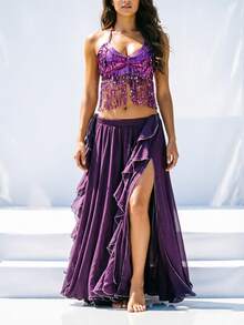 Atasan Crop Top Halter Berhiaskan Payet dan Rumbai untuk Tari Perut, Rok Maxi Chiffon Berpotongan Tinggi dengan Hiasan Perak untuk Pertunjukan Panggung & Karnaval - MultiWarna - View 6