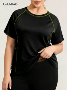 Plus Size Women's Loose Short Sleeve Fitness T-Shirt, Contrast Trim Raglan Sleeve, Curved Hem Yoga Sports Top, Summer - Green - View 7