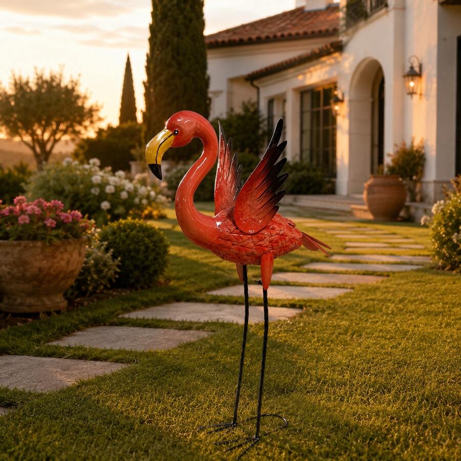 1pc Large Shiny Red Metal Flamingo Ornament, Garden Yard Home Decor - Animal - View 1