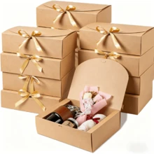 12pcs Kraft Paper Folding Flip Top Gift Boxes With Gold Ribbon, Birthday Wedding Party Favor Gift Packaging Boxes, Valentine's Day And Various Holiday Party Gift Boxes - Brown - View 1