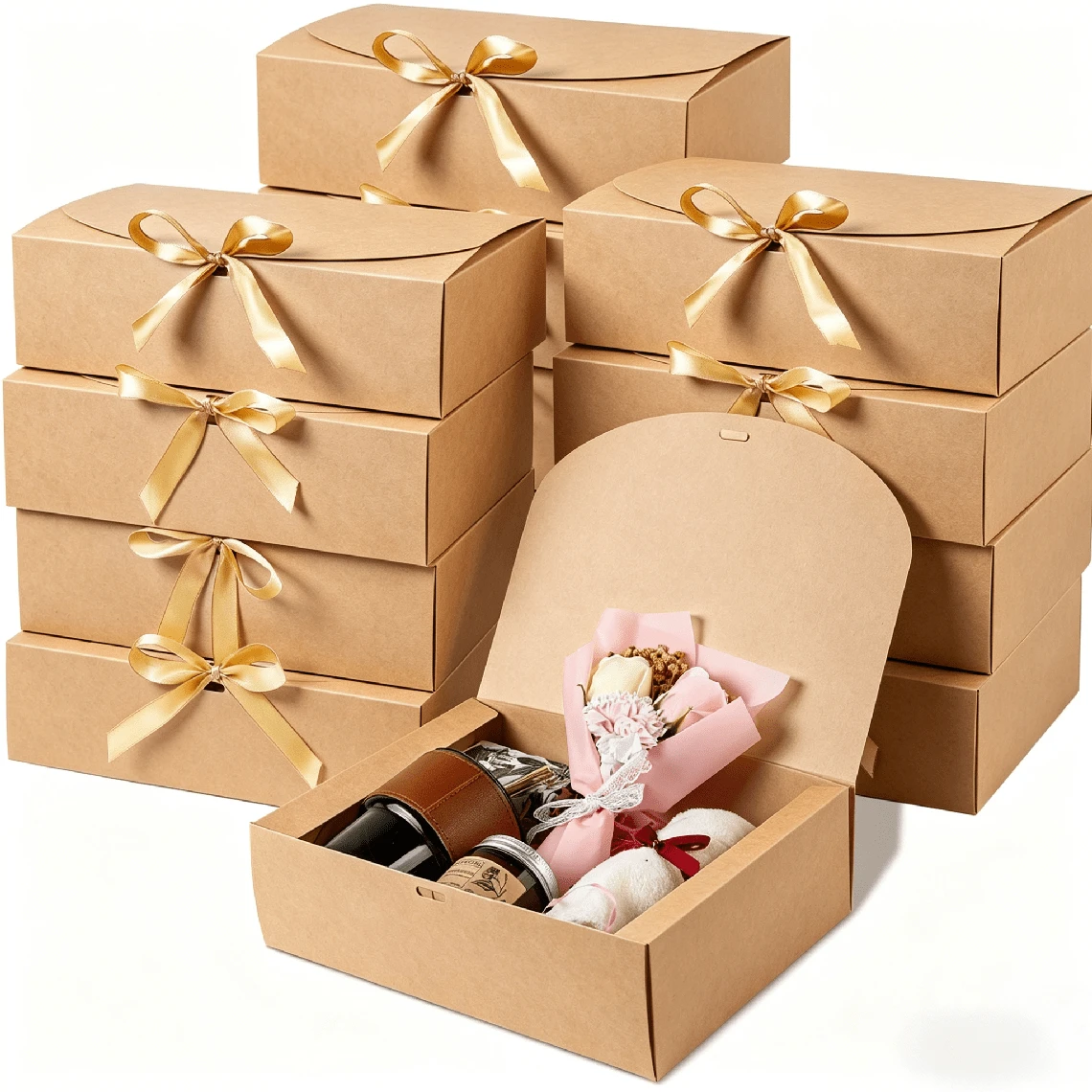 12pcs Kraft Paper Folding Flip Top Gift Boxes With Gold Ribbon, Birthday Wedding Party Favor Gift Packaging Boxes, Valentine's Day And Various Holiday Party Gift Boxes - Brown - View 1