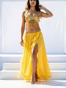 Atasan Crop Top Halter Berhiaskan Payet dan Rumbai untuk Tari Perut, Rok Maxi Chiffon Berpotongan Tinggi dengan Hiasan Perak untuk Pertunjukan Panggung & Karnaval - MultiWarna - View 7