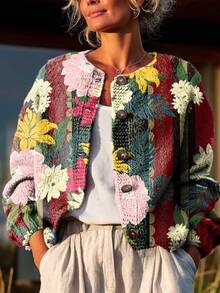 Boho Floral Print Button Up Knit Cardigan For Women Round Neck Lightweight Coat Long Sleeve Vintage Knitted Jacket Fall & Spring And Winter Outerwear - Multicolor 3 - View 1