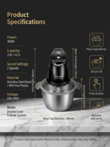 SOKANY 06028 Penggiling Daging Multifungsi, Pengolah Makanan, Dapat Mengolah Berbagai Bahan, Pengoperasian Sekali Sentuh, Kontrol 2 Kecepatan, Motor Bertenaga 400W, Cocok Untuk Penggunaan Rumah Tangga Sehari-hari - Hitam - View 9