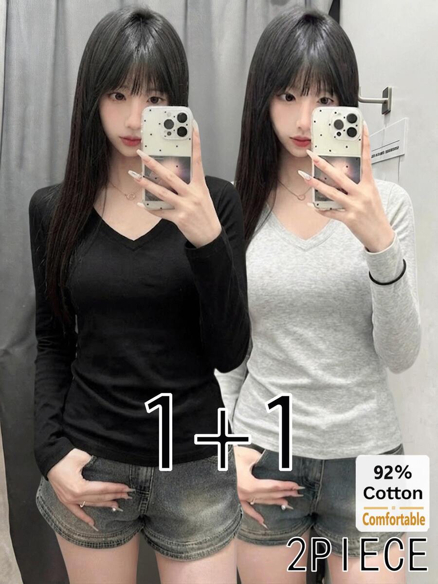 秋季女款 2 件組 92% 棉 V 領修身長袖 T 恤,黑色 + 淺灰色純色百搭舒適內搭上衣,休閒百搭修身上衣,適合秋冬 - 黑色+花灰色 - 查看 1