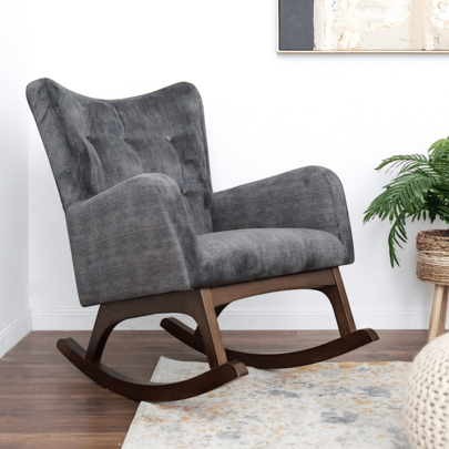 Alistair Solid Wood Rocking Chair With Stain Resistant Fabric In Brown And Dark Gray 36x26x36.5 Inches For Living Room Nursery Bedroom