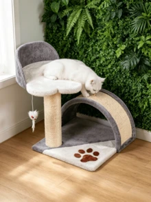 多層貓跳台塔，附棲息床、拱形劍麻貓抓板、天然劍麻抓柱及懸掛羽毛玩具，柔軟毛絨貓活動遊戲屋，適合室內小貓與中型貓 - 顏色隨機 - 查看 4