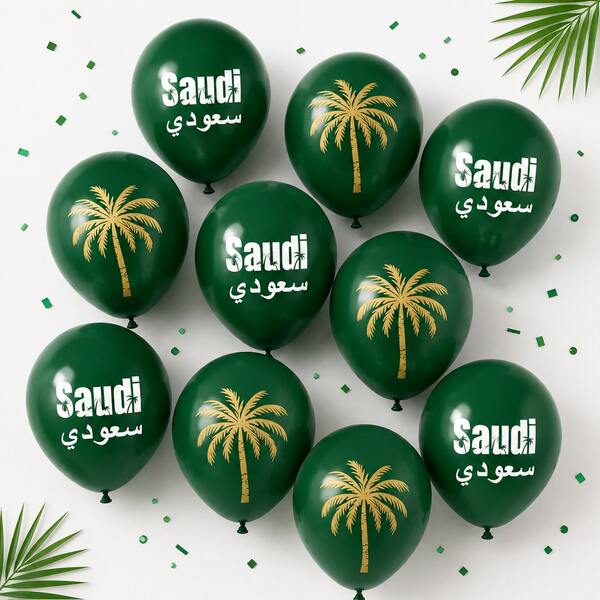 51 قطعة/30 قطعة/10 قطع لافتة ديكور اليوم الوطني السعودي، بالونات فويل على شكل علم النخلة الأخضر وعلم السعودية، بالونات لاتكس، مستلزمات حفلة اليوم الوطني السعودي
