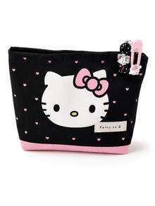MINISO Sanrio Hello Kitty 黑粉心形印花化妝包，可愛拉鍊式化妝收納袋，旅行盥洗用品與保養品日常必需品收納袋 - 彩色 - 查看 7