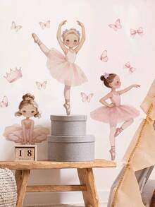 1pc Ins Gentle Dreamy Ballet Princess Wall Sticker, Butterfly Crown Watercolor Girl Design, Removable Self-Adhesive Wall Decal For Girls Bedroom - Wall Stickers - View 2