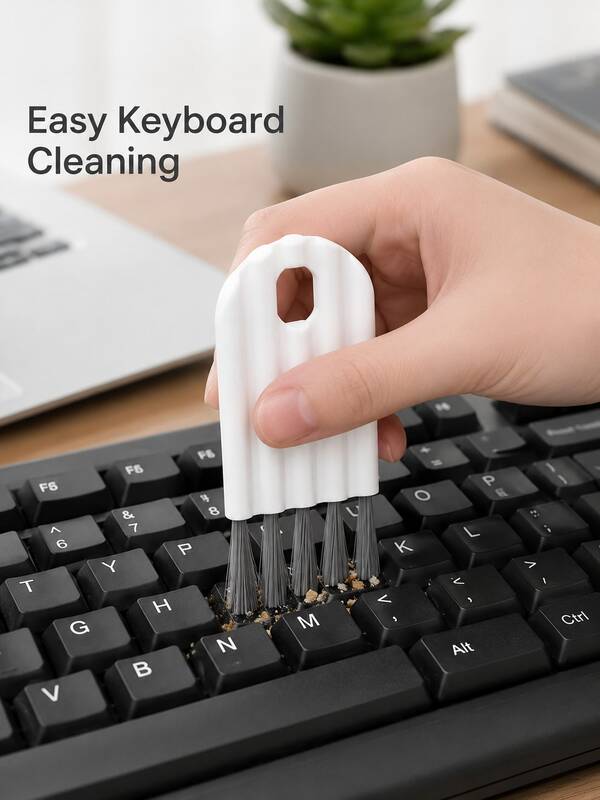 OBOVAY Cepillo multifunción para teclado blanco, mango ergonómico ondulado de plástico de alta gama con diseño minimalista moderno y orificio para colgar, herramienta de limpieza de polvo para grietas profundas y espacios de tapas de tazas, organizador de espacio de trabajo de oficina en casa, accesorio de escritorio para limpieza de primavera