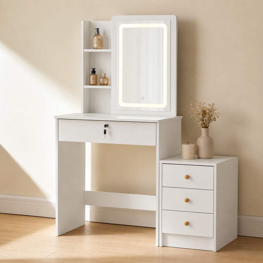 Split Dressing Table With Square Bright Mirror, White Dressing Table With Removable Drawers (Nightstand), Storage Rack, Bedroom Storage Rack, Space-Saving Dressing Table, Suitable For Small Space, Suitable For Holiday Gifts For Girls, Moving Gifts - White - View 1