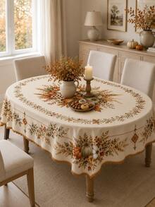 1pc Country Style Cream Base Autumn Floral Sunflower Maple Leaf Wreath Round Tablecloth, Stain-Resistant, Suitable For Cozy Indoor Thanksgiving Dinner, Warm Farmhouse Kitchen Decor, Autumn Leaf Gathering And Rustic Home Style - Multicolor - View 6