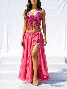 Atasan Crop Top Halter Berhiaskan Payet dan Rumbai untuk Tari Perut, Rok Maxi Chiffon Berpotongan Tinggi dengan Hiasan Perak untuk Pertunjukan Panggung & Karnaval - MultiWarna - View 23
