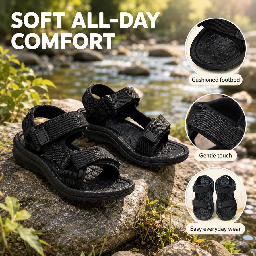 Adjustable Buckle Children's Sports Sandals, Open-Toe Sandals, Non-Slip Soles, Suitable For Outdoor Play, Beach Leisure And Other Occasions. - Black - View 1
