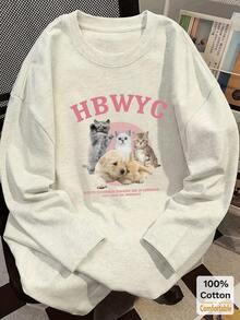 Autumn/Winter New Cartoon Print Long Sleeve T-Shirt Women Funny Print Stylish Grey Top - Gray - View 1